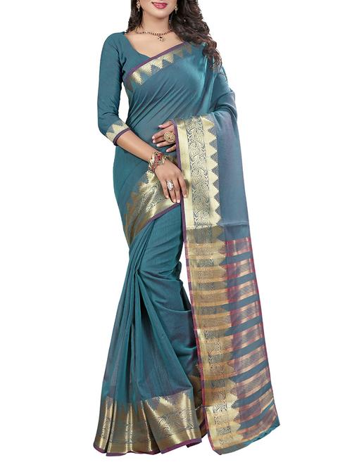 turquoise woven saree with blouse - 14112836 - Very Small Image - 1