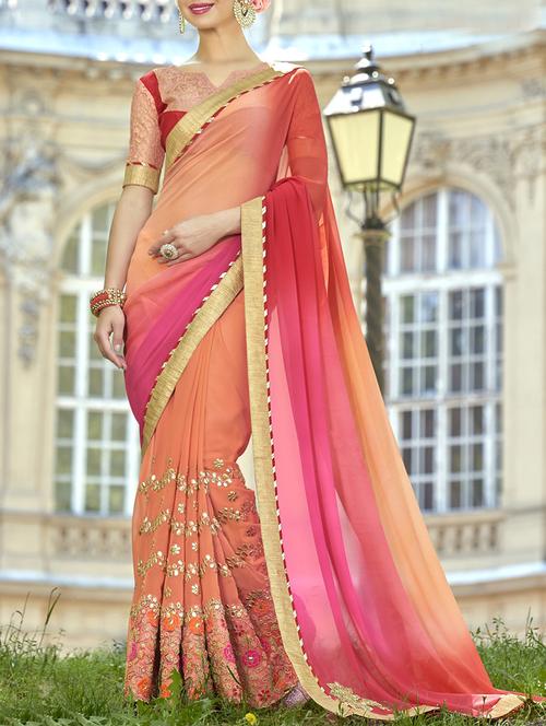 orange faux georgette embroidered saree with blouse - 14113345 - Very Small Image - 1
