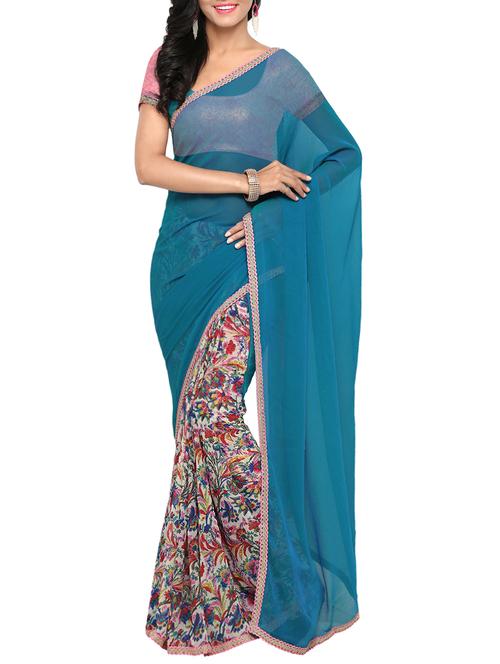blue chiffon printed saree with blouse - 14113402 - Very Small Image - 1