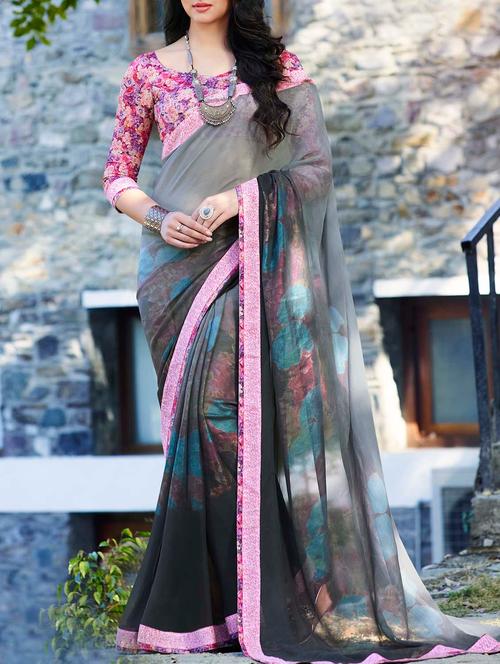 multi colored gorgette printed saree with blouse - 14115590 - Very Small Image - 1