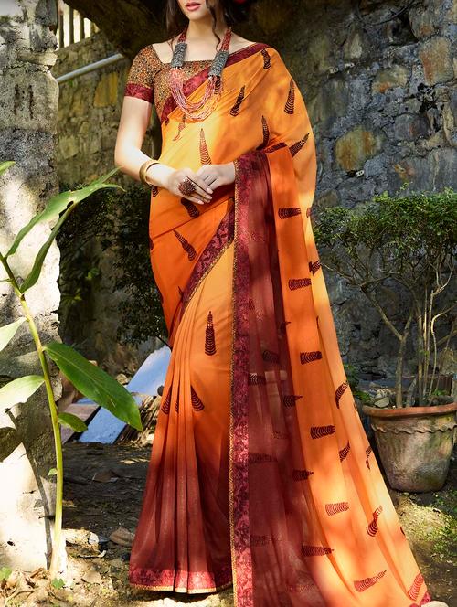 orange georgette printed saree - 14115599 - Very Small Image - 1