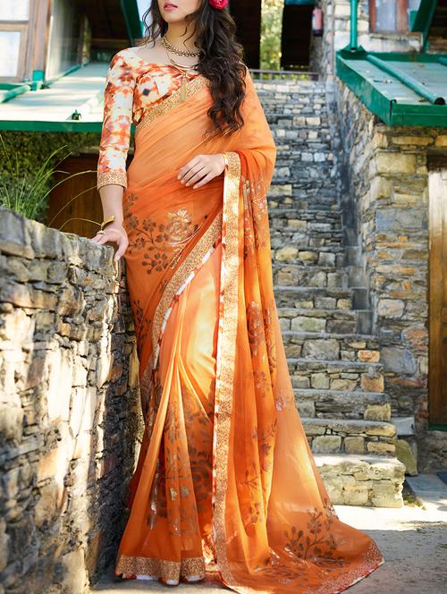 orange georgette foil printed saree with blouse - 14115601 - Very Small Image - 1