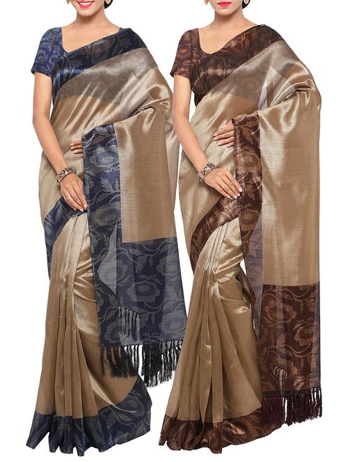 set of 2 beige tussar silk saree combo with blouse - 14118641 - Very Small Image - 1