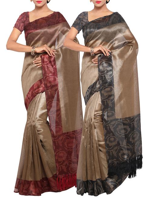 set of 2 beige tussar silk saree combo with blouse - 14118642 - Very Small Image - 1