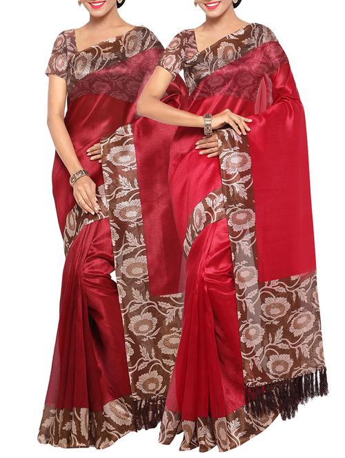 set of 2 maroon & red tussar silk saree combo with blouse - 14118650 - Very Small Image - 1