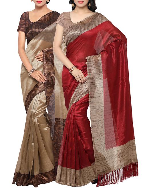 set of 2 multicolour tussar silk saree combo with blouse - 14118655 - Very Small Image - 1