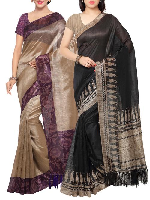set of 2 multicolour tussar silk saree combo with blouse - 14118660 - Very Small Image - 1