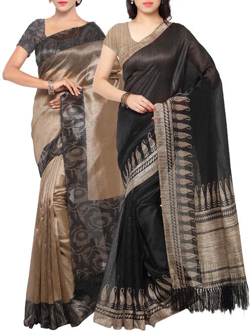 set of 2 multicolour tussar silk saree combo with blouse - 14118663 - Very Small Image - 1