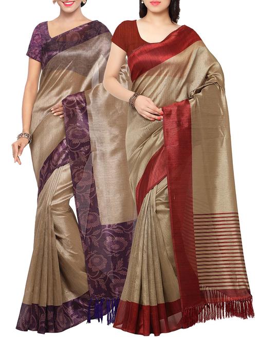 set of 2 beige tussar silk saree combo with blouse - 14118666 - Very Small Image - 1