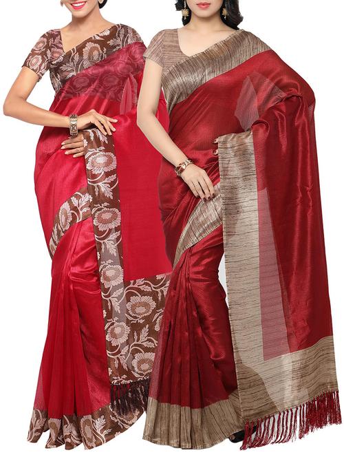 set of 2 maroon & red tussar silk saree combo with blouse - 14118672 - Very Small Image - 1