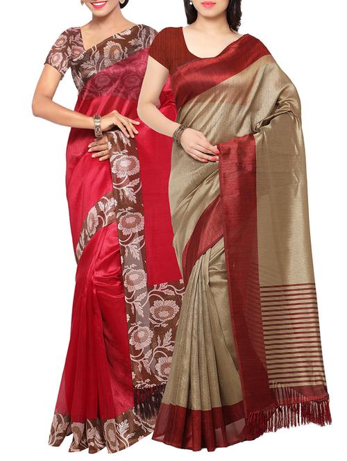 set of 2 multicolour tussar silk saree combo with blouse - 14118680 - Very Small Image - 1