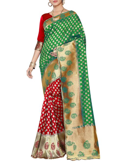 green & red banarasi silk saree with blouse - 14118693 - Very Small Image - 1