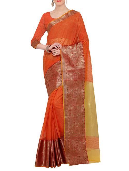 orange art silk bordered saree with blouse - 14119332 - Very Small Image - 1