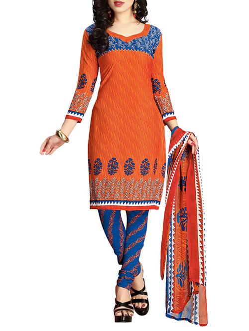 orange crepe printed dress material - 14119370 - Very Small Image - 1