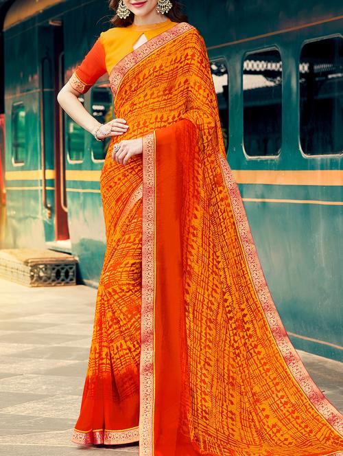 orange printed georgette saree with blouse - 14119407 - Very Small Image - 1