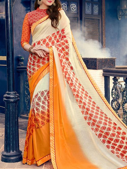 beige printed georgette saree with blouse - 14119411 - Very Small Image - 1
