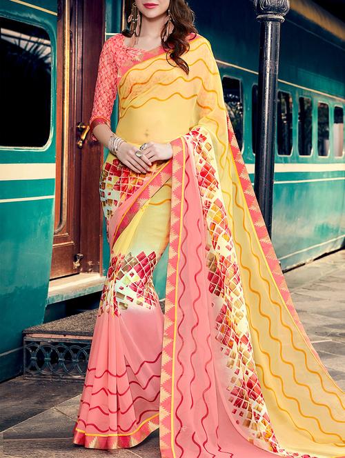 yellow printed georgette saree with blouse - 14119419 - Very Small Image - 1