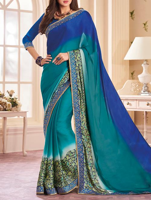 green satin ombre saree with blouse - 14119423 - Very Small Image - 1