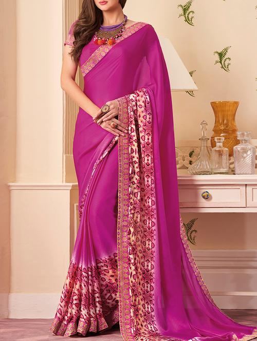 magenta printed satin saree with blouse - 14119425 - Very Small Image - 1