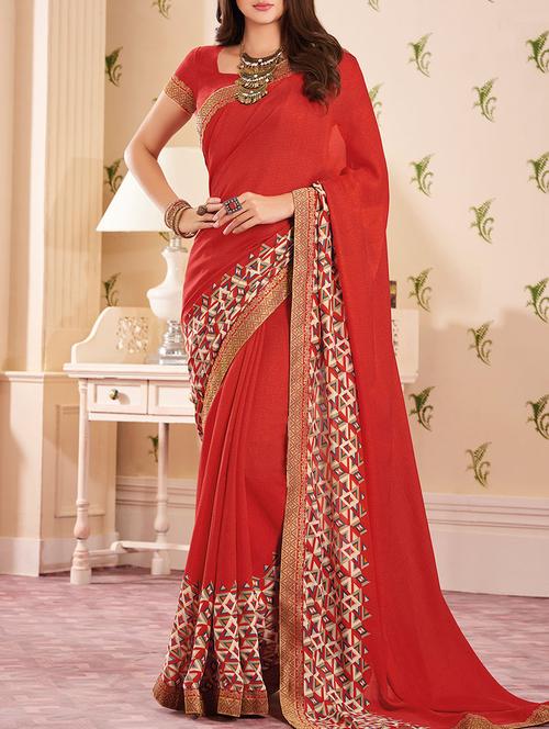 red printed satin saree with blouse - 14119427 - Very Small Image - 1