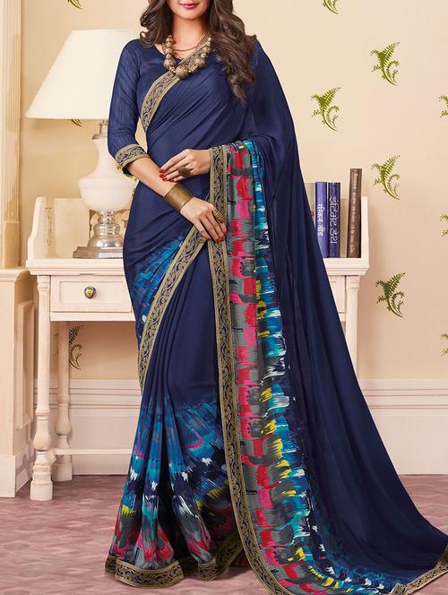 blue printed satin saree with blouse - 14119434 - Very Small Image - 1