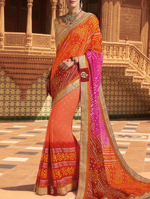 orange bandhani georgette saree with blouse - 14119442 - Very Small Image - 1