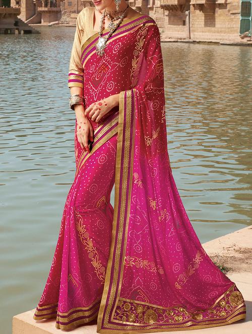 pink bandhani georgette saree with blouse - 14119444 - Very Small Image - 1