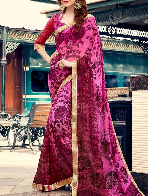 magenta georgette printed saree with blouse - 14119447 - Very Small Image - 1