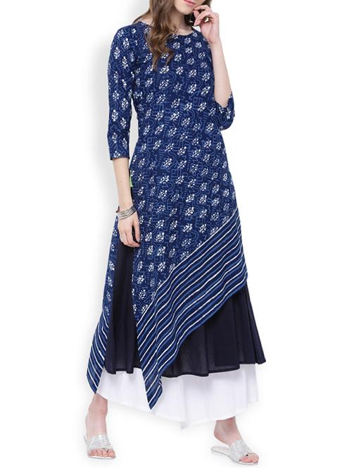 indigo cotton asymmetrickurta - 14119831 - Very Small Image - 1