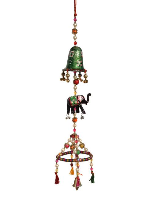 door hanging with painted bell with elephant and ring at the bottom with pearl bead threading by handicrafts paradise - 14120231 - Very Small Image - 1