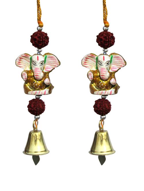 door hanging golden ganesha with double rudraksha and metal bell set of 2 by handicrafts paradise - 14120239 - Very Small Image - 1