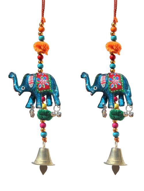 door hanging blue elephant with wooden beads pumpum and metal bell set of 2 by handicrafts paradise - 14120240 - Very Small Image - 1