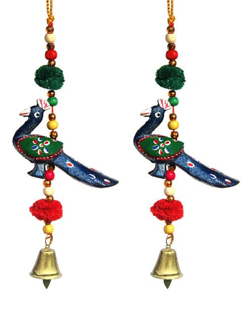 door hanging blue peacock with wooden beads pumpum and metal bell set of 2 by handicrafts paradise - 14120241 - Very Small Image - 1