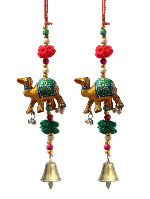 door hanging golden camel with wooden beads pumpum and metal bell set of 2 by handicrafts paradise - 14120243 - Very Small Image - 1