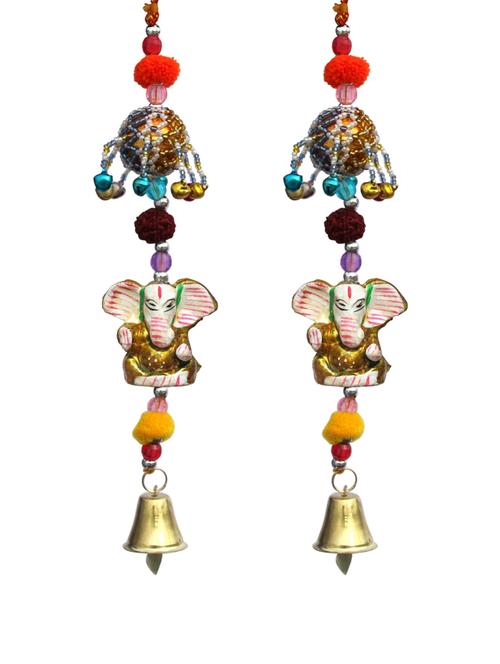 door hanging golden ganesha with cheed ball rudraksha pumpum and metal bell set of 2 by handicrafts paradise - 14120244 - Very Small Image - 1