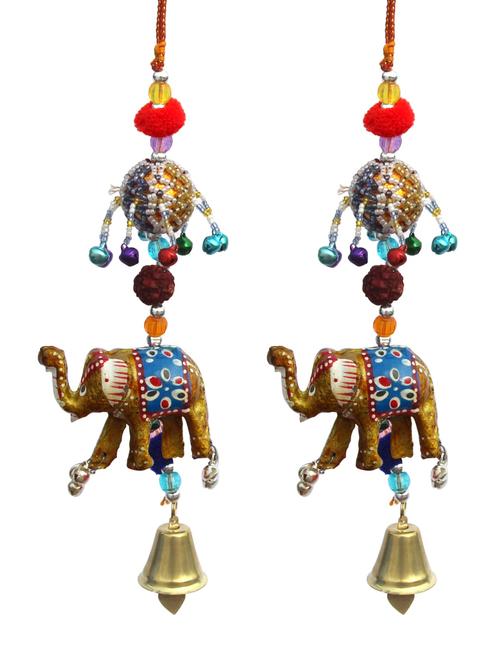 door hanging gold elephant with cheed ball rudraksha pumpum and metal bell set of 2 by handicrafts paradise - 14120245 - Very Small Image - 1