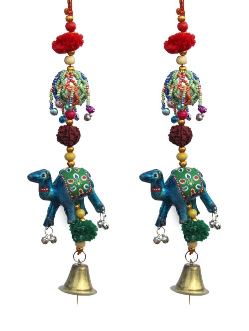 door hanging blue camel with cheed ball rudraksha pumpum and metal bell set of 2 by handicrafts paradise - 14120248 - Very Small Image - 1