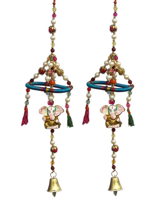 door hanging golden ganesha with resham ring pearl beads metal bell set of 2 by handicrafts paradise - 14120249 - Very Small Image - 1