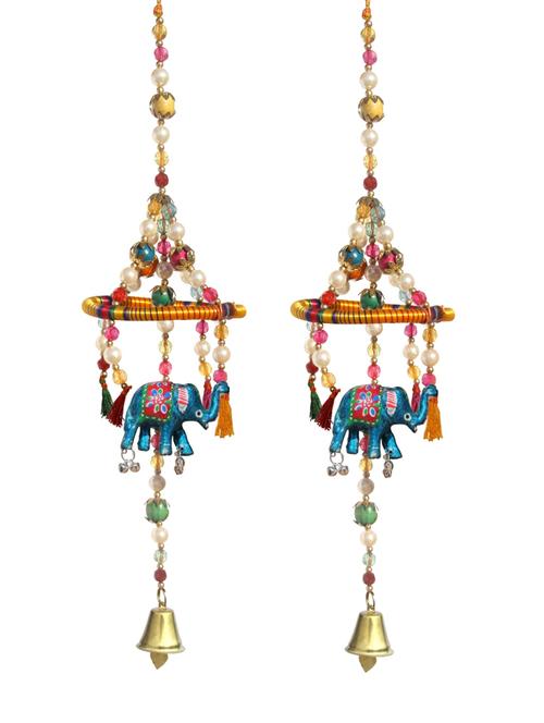 door hanging blue elephant with resham ring pearl beads metal bell set of 2 by handicrafts paradise - 14120250 - Very Small Image - 1