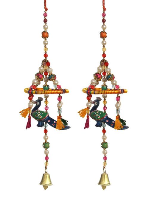 door hanging blue elephant with resham ring pearl beads metal bell set of 2 by handicrafts paradise - 14120251 - Very Small Image - 1