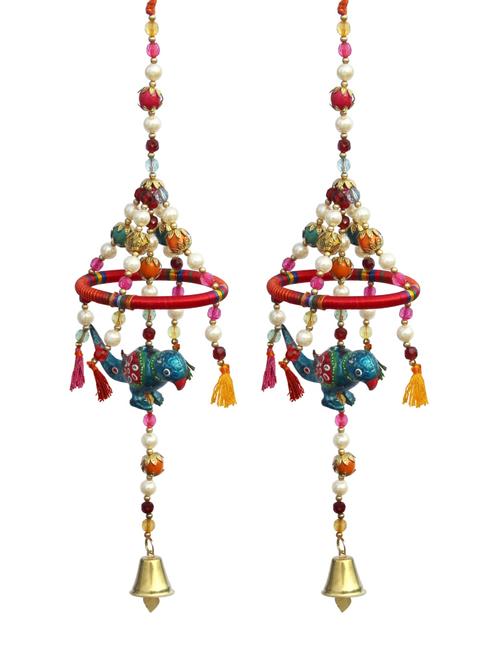 door hanging blue parrot with resham ring pearl beads metal bell set of 2 by handicrafts paradise - 14120252 - Very Small Image - 1