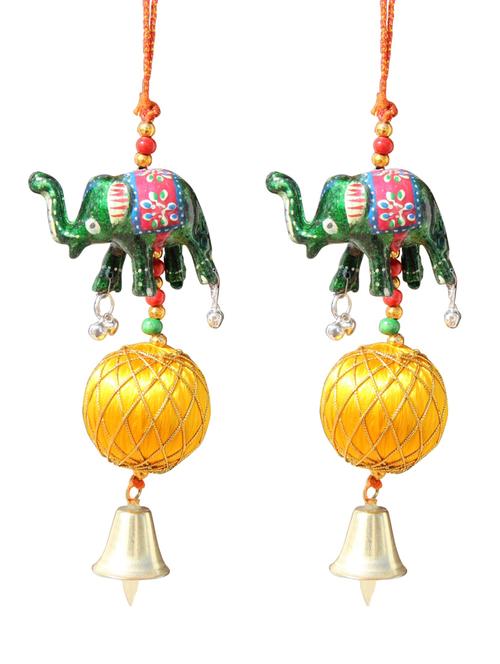 door hanging green elephant with yellow resham ball and metal bell set of 2 by handicrafts paradise - 14120254 - Very Small Image - 1