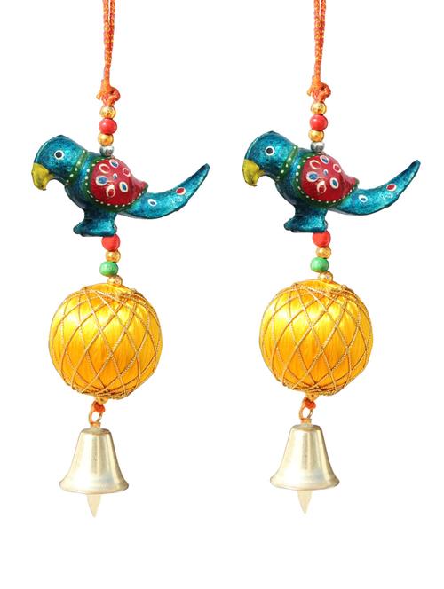 door hanging blue parrot with yellow resham ball and metal bell set of 2 by handicrafts paradise - 14120256 - Very Small Image - 1