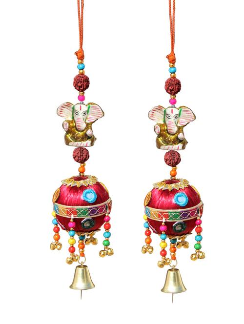 door hanging gold ganesha with rudraksha beads red resham ball with mirrors and metal bell set of 2 by handicrafts paradise - 14120258 - Very Small Image - 1