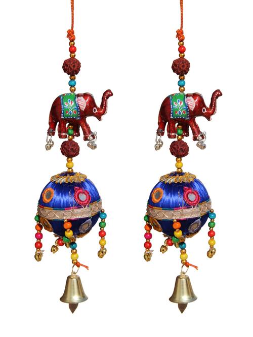 door hanging maroon elephant with rudraksha beads blue resham ball with mirrors and metal bell set of 2 by handicrafts paradise - 14120259 - Very Small Image - 1