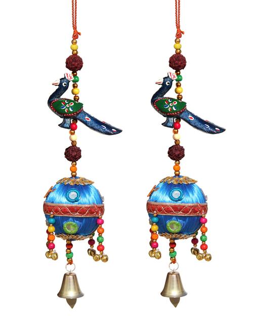 door hanging blue peacock with rudraksha beads blue resham ball with mirrors and metal bell set of 2 by handicrafts paradise - 14120260 - Very Small Image - 1