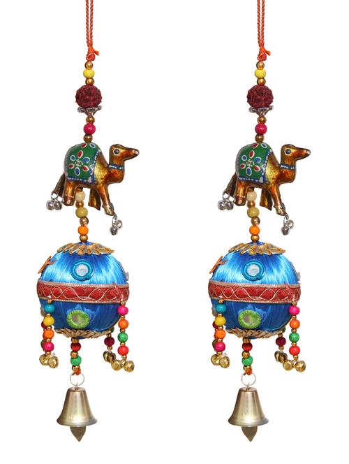 door hanging gloden camel with rudraksha beads blue resham ball with mirrors and metal bell set of 2 by handicrafts paradise - 14120262 - Very Small Image - 1