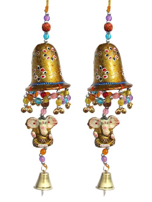 door hanging golden painted bell with jhalar golden ganesha with metal bell set of 2 by handicrafts paradise - 14120263 - Very Small Image - 1