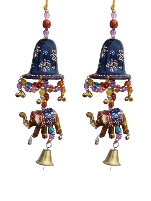 door hanging blue painted bell with jhalar golden elephant with metal bell set of 2 by handicrafts paradise - 14120264 - Very Small Image - 1
