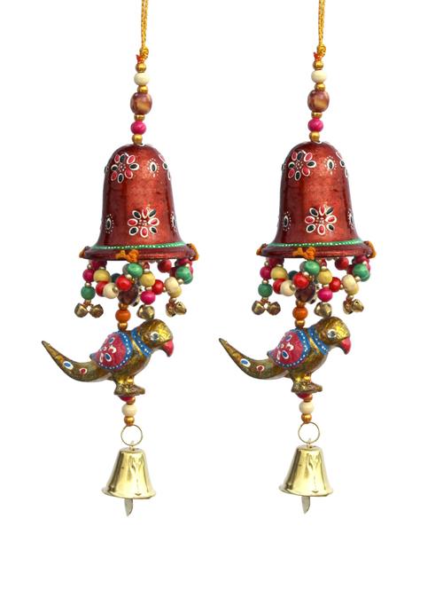 door hanging maroon painted bell with jhalar golden parrot with metal bell set of 2 by handicrafts paradise - 14120266 - Very Small Image - 1